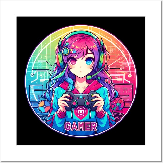 Neon Anime Manga gamer girl playing video games Wall Art by Japanese Fever